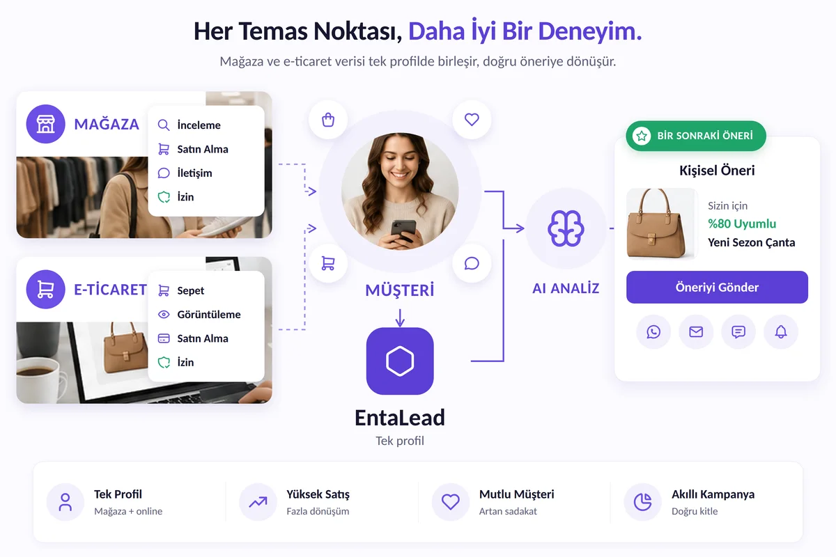 Perakende senaryosu: mağazadaki inceleme, satın alma, iletişim ve izin verileri ile e-ticaretteki sepet, görüntüleme, satın alma ve izin verileri EntaLead'de tek müşteri profilinde birleşir; yapay zekâ analizi müşteriye uyumlu bir sonraki ürün önerisini WhatsApp, e-posta, mesaj veya bildirim kanalından iletir
