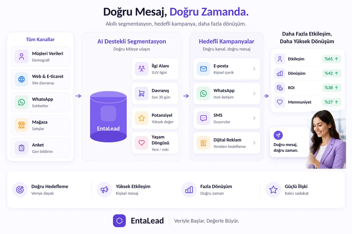 Segmentasyon ve hedefli kampanya akışı: müşteri verileri, web ve e-ticaret davranışı, WhatsApp sohbetleri, mağaza satışları ve anket geri bildirimleri EntaLead'de toplanır; yapay zekâ ilgi alanı, davranış, potansiyel ve yaşam döngüsüne göre segment oluşturur; e-posta, WhatsApp, SMS ve dijital reklam kanallarından hedefli kampanya gönderilir